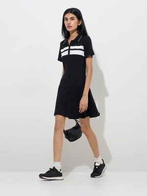 Studiofit Black Ribbed Cotton-Blend A-Line Dress
