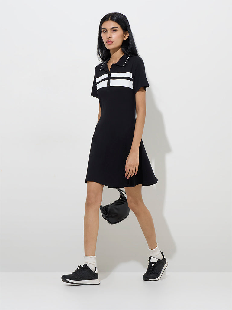Studiofit Black Ribbed Cotton-Blend A-Line Dress