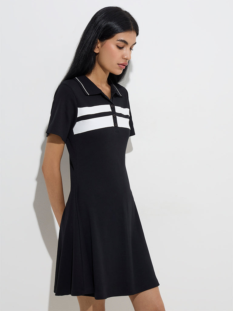Studiofit Black Ribbed Cotton-Blend A-Line Dress - Image 2