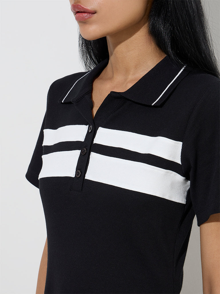 Studiofit Black Ribbed Cotton-Blend A-Line Dress - Image 3