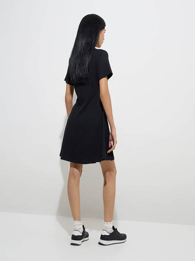 Studiofit Black Ribbed Cotton-Blend A-Line Dress - Image 4