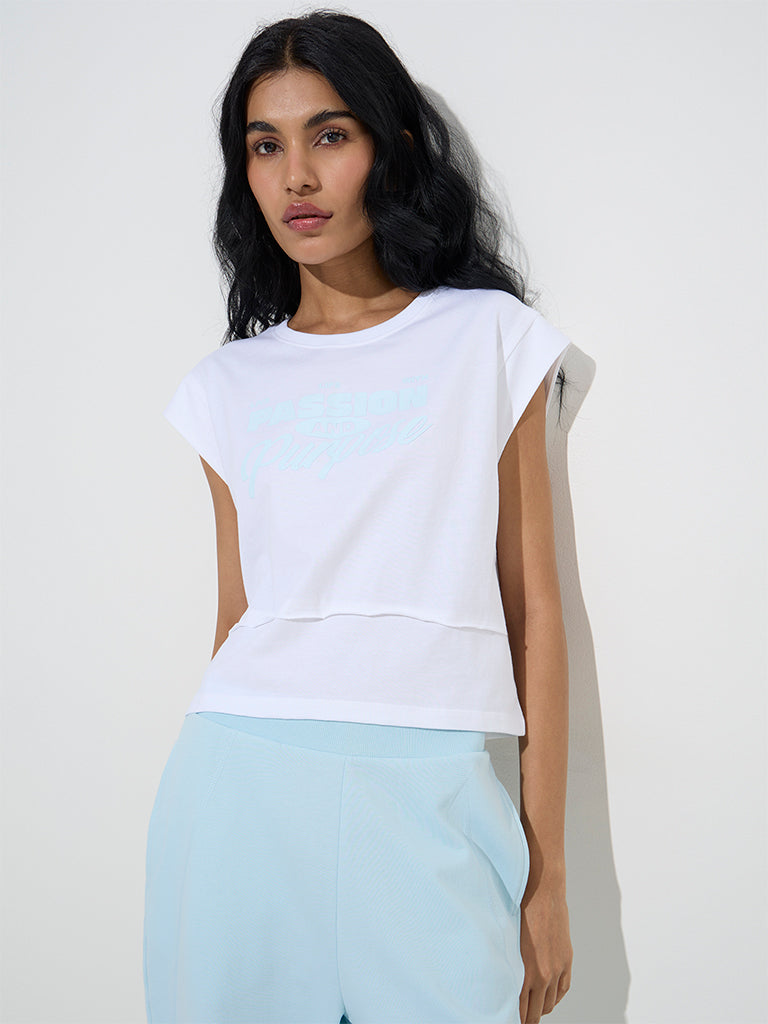Studiofit White Text Printed Cotton T-Shirt
