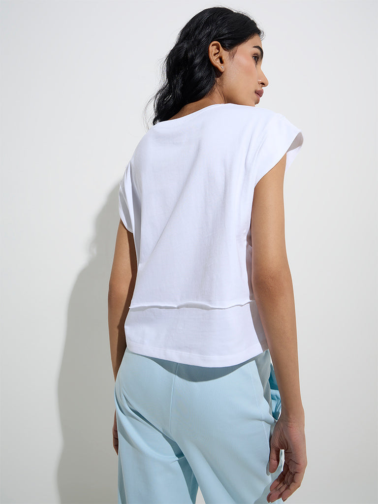 Studiofit White Text Printed Cotton T-Shirt - Image 4