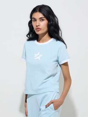 Studiofit Light Blue Printed Cotton T-Shirt