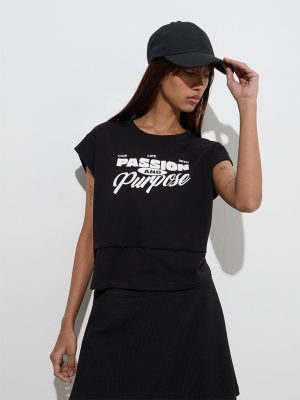 Studiofit Black Text Pattern Cotton T-Shirt