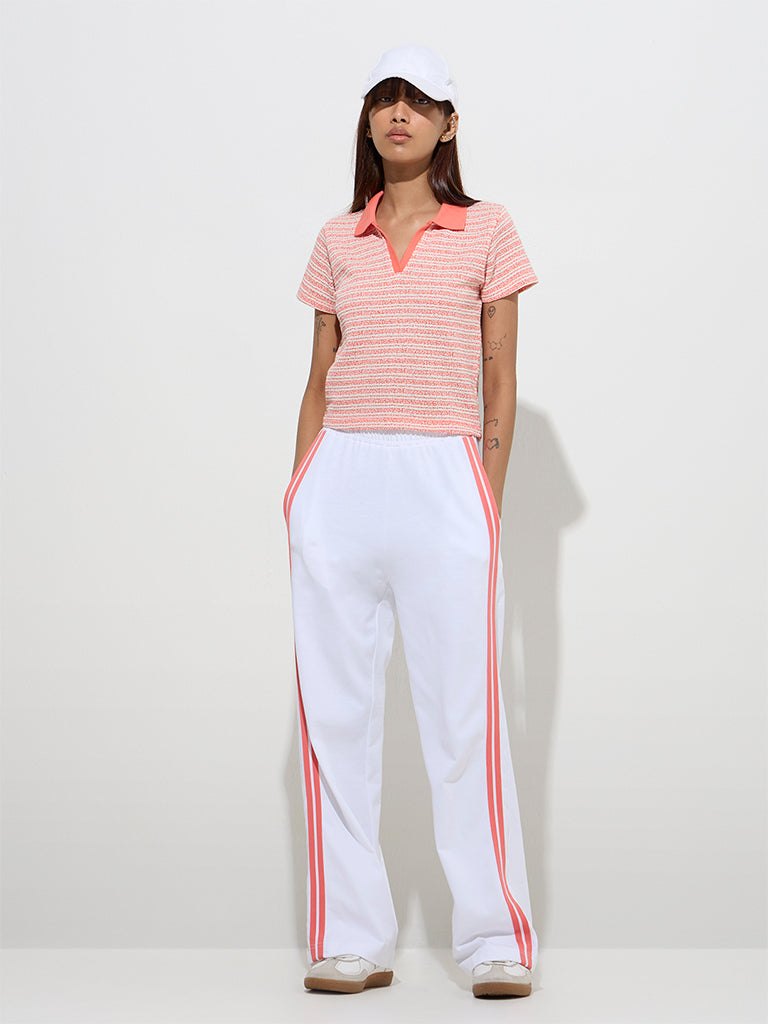 Studiofit Orange Striped Knit-Textured Polo T-Shirt