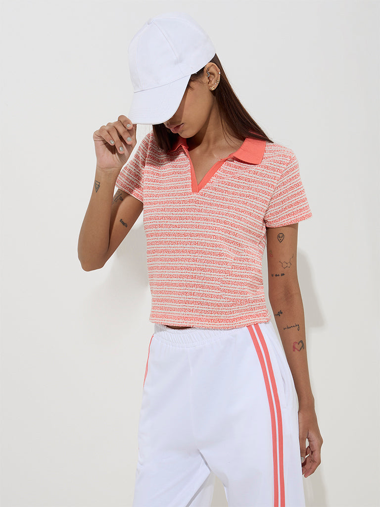 Studiofit Orange Striped Knit-Textured Polo T-Shirt - Image 2