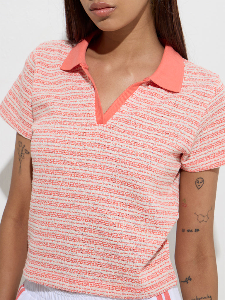 Studiofit Orange Striped Knit-Textured Polo T-Shirt - Image 3