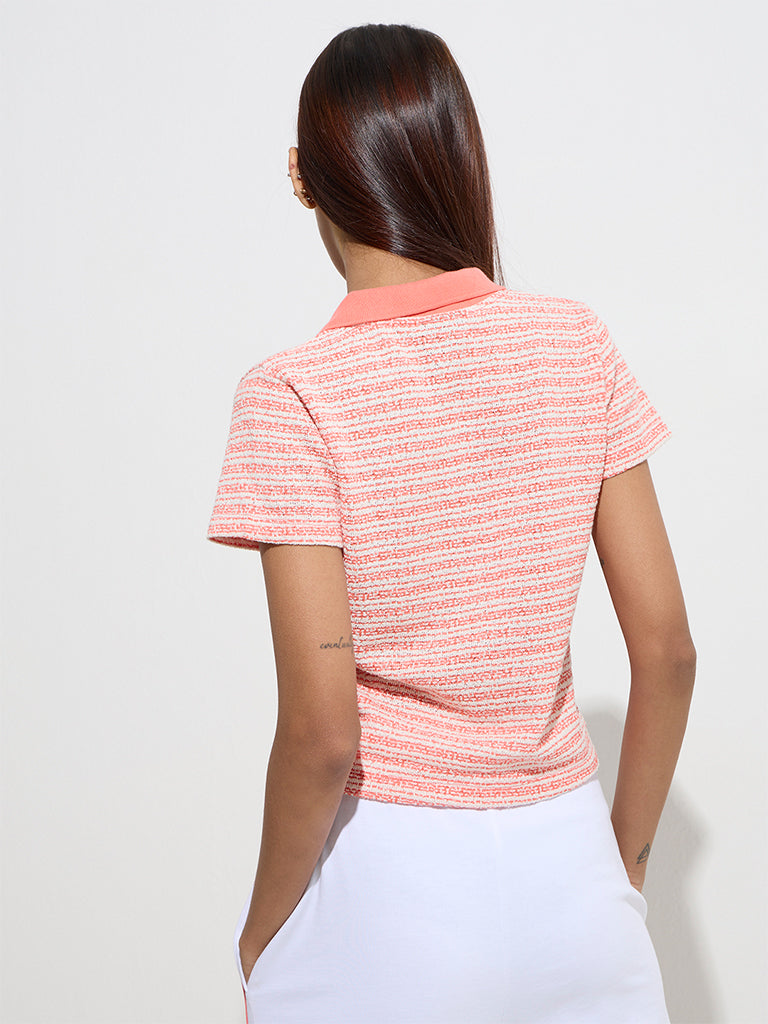 Studiofit Orange Striped Knit-Textured Polo T-Shirt - Image 4
