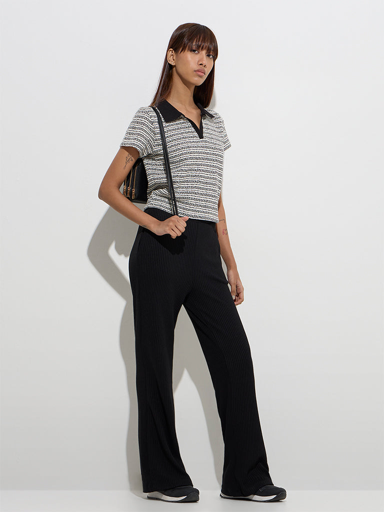 Studiofit Black Striped Knit-Textured Polo T-Shirt