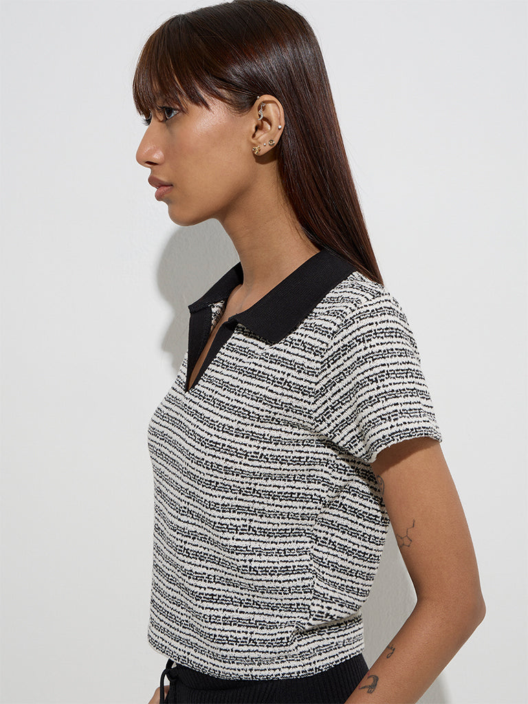 Studiofit Black Striped Knit-Textured Polo T-Shirt - Image 3