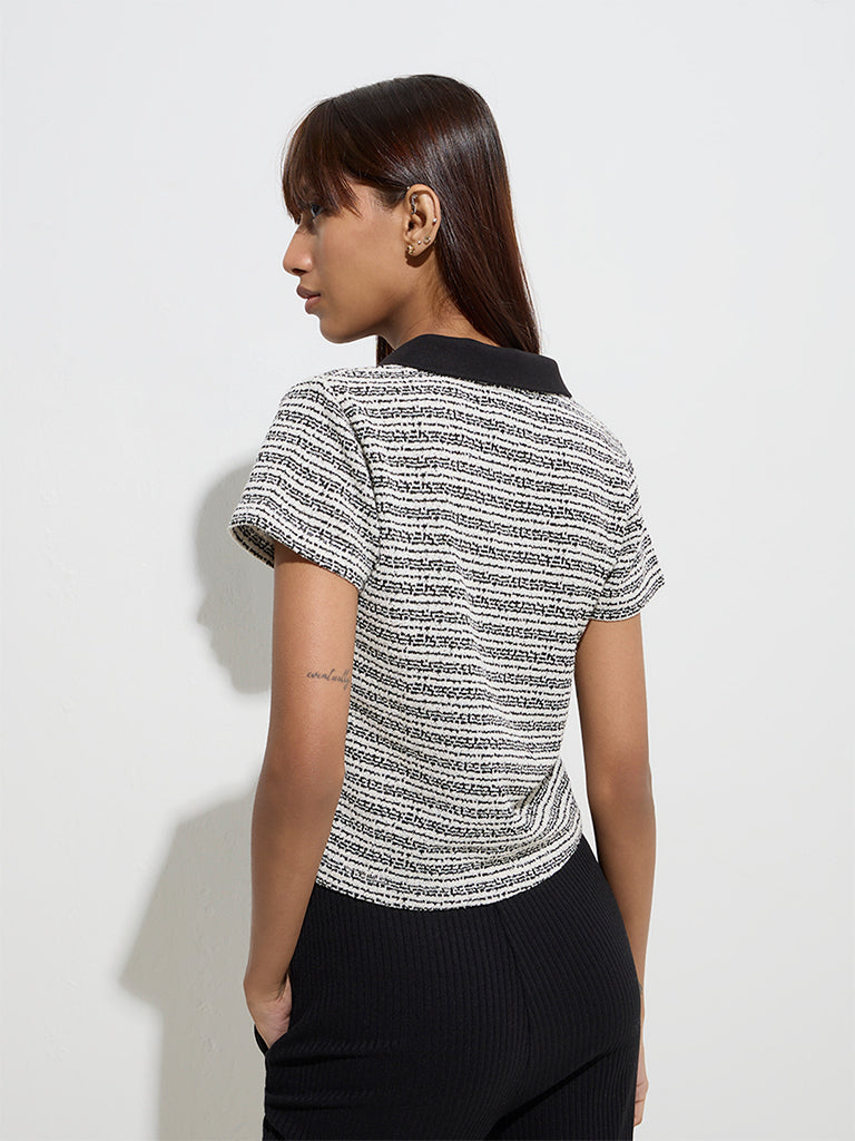 Studiofit Black Striped Knit-Textured Polo T-Shirt - Image 4