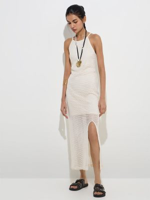 Nuon Off-White Knit-Textured Cotton Straight Dress