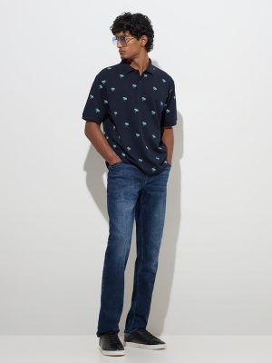 WES Casuals Navy Floral Design Relaxed-Fit Cotton-Blend Polo T-Shirt
