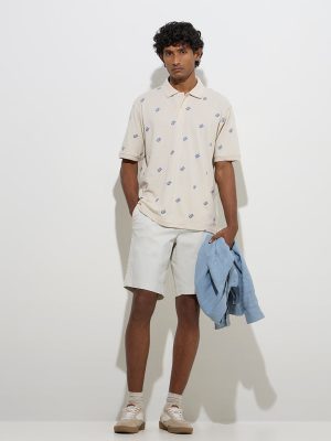 WES Casuals Light Beige Embroidered Relaxed-Fit Cotton-Blend Polo T-Shirt