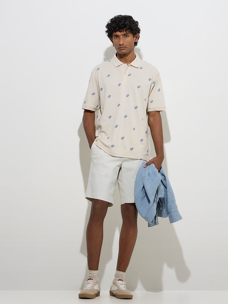 WES Casuals Light Beige Embroidered Relaxed-Fit Cotton-Blend Polo T-Shirt