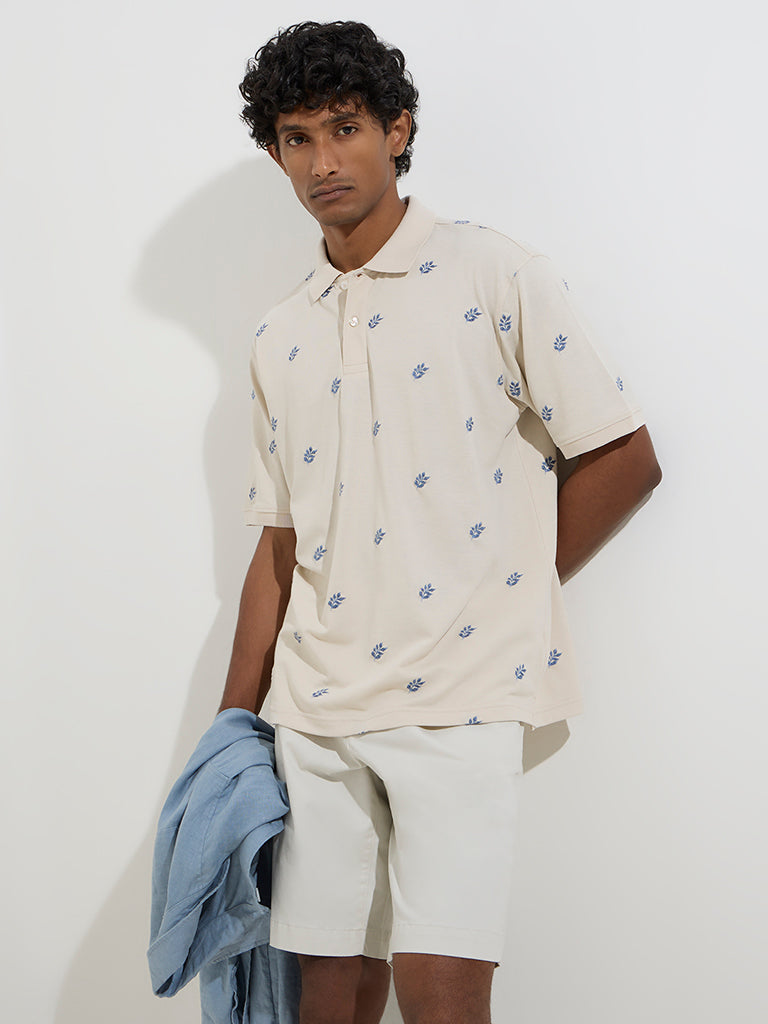 WES Casuals Light Beige Embroidered Relaxed-Fit Cotton-Blend Polo T-Shirt - Image 2