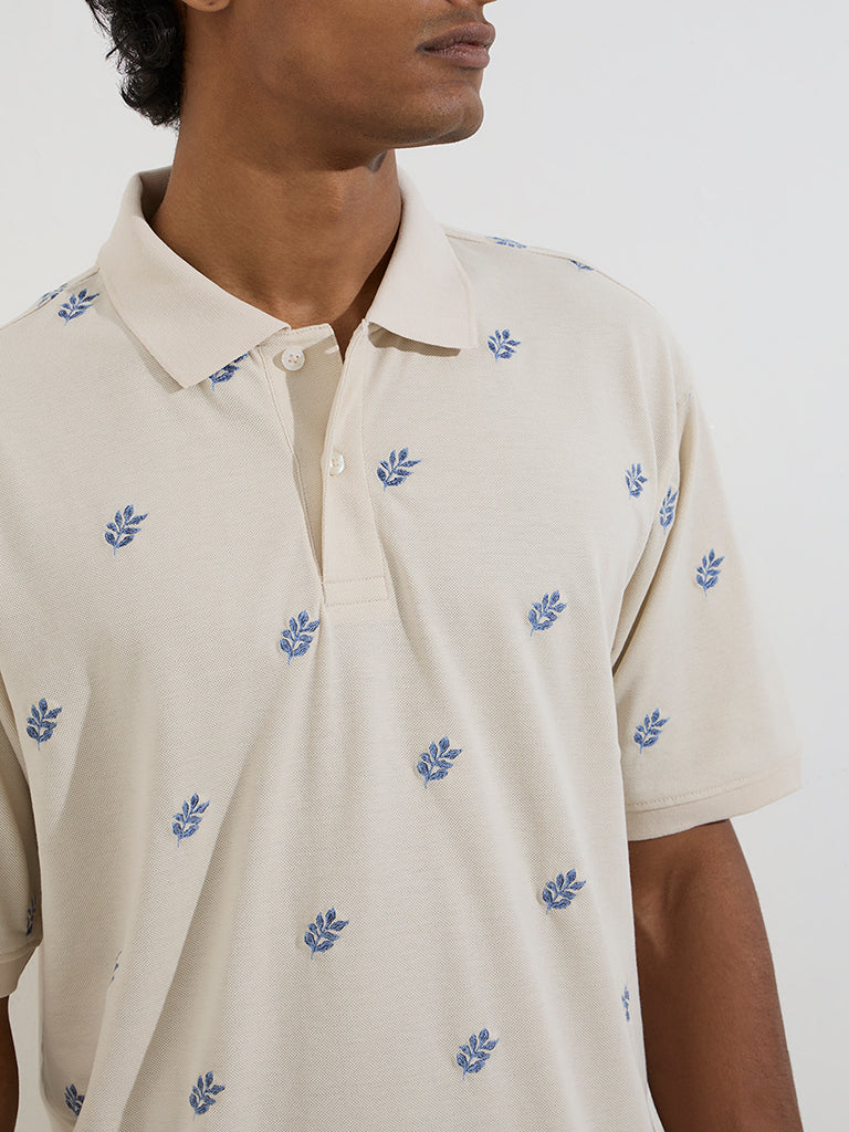WES Casuals Light Beige Embroidered Relaxed-Fit Cotton-Blend Polo T-Shirt - Image 3