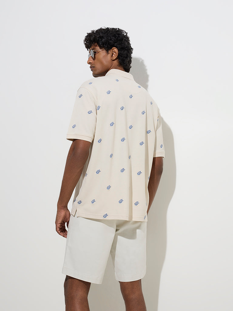 WES Casuals Light Beige Embroidered Relaxed-Fit Cotton-Blend Polo T-Shirt - Image 4