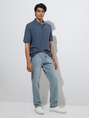 WES Casuals Dusty Blue Self Relaxed-Fit Polo T-Shirt