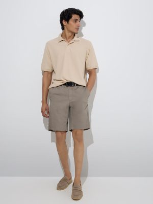 WES Casuals Beige Self-Textured Relaxed-Fit Polo T-Shirt