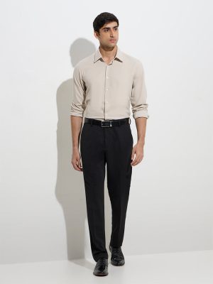 WES Formals Beige Solid Slim-Fit Cotton Shirt