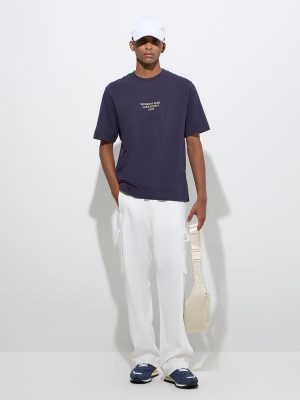 Studiofit Purple Text Patterned Relaxed-Fit Cotton T-Shirt