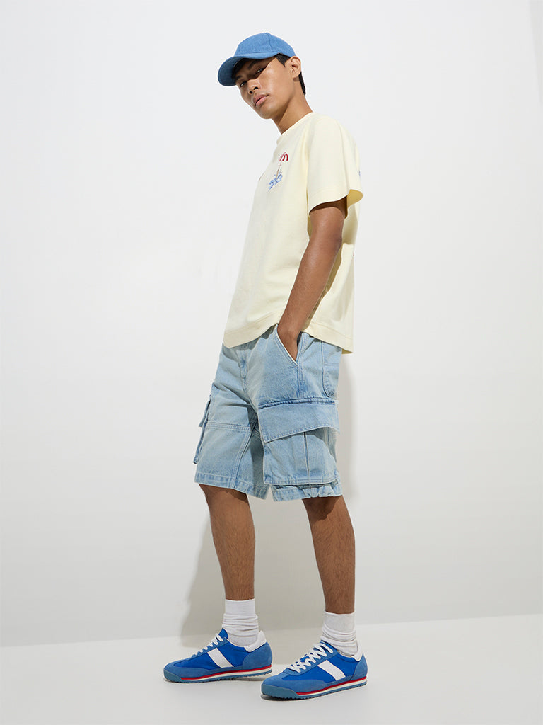 Nuon Blue Relaxed-Fit Mid-Rise Cotton Shorts