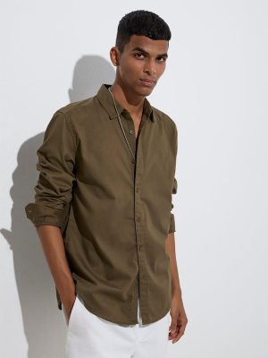Nuon Olive Solid Slim-Fit Cotton Shirt