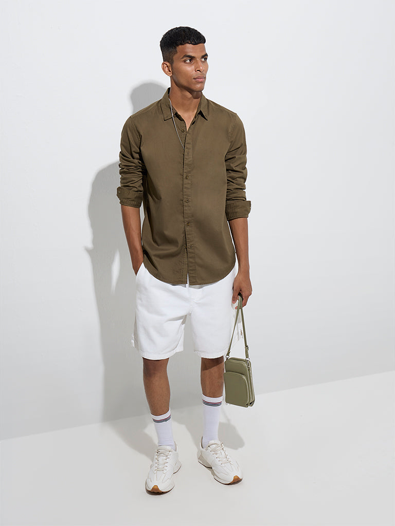 Nuon Olive Solid Slim-Fit Cotton Shirt - Image 3
