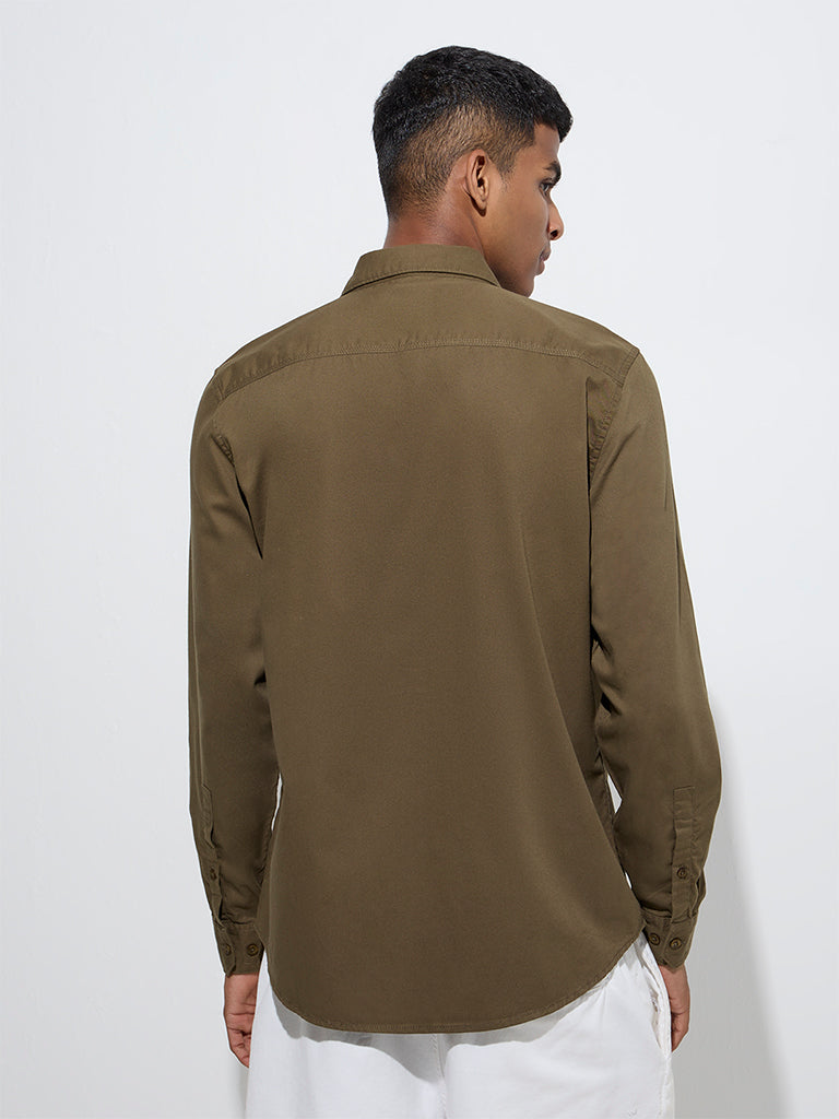 Nuon Olive Solid Slim-Fit Cotton Shirt - Image 5
