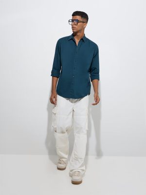 Nuon Teal Solid Slim-Fit Cotton Shirt