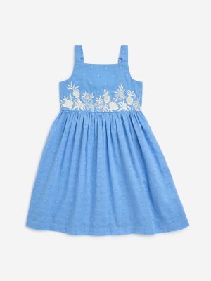 Utsa Kids Blue Embroidered Cotton A-Line Dress - (2-8yrs)
