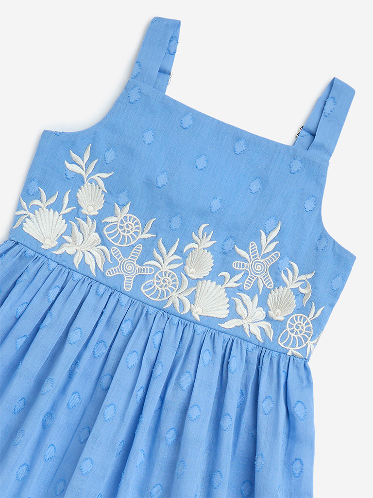 Utsa Kids Blue Embroidered Cotton A-Line Dress - (2-8yrs) - Image 3