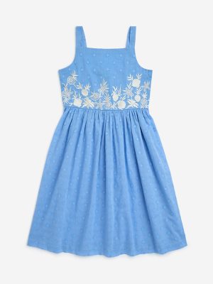 Utsa Kids Blue Embroidered Cotton A-Line Dress - (8-14yrs)