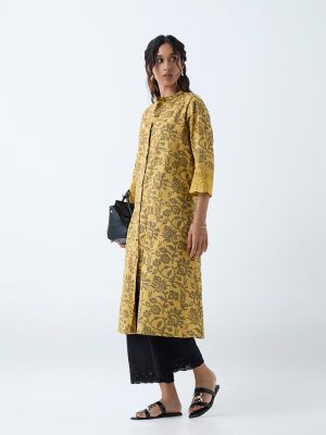 Utsa Mustard Floral Design Cotton-Blend A-Line Kurta