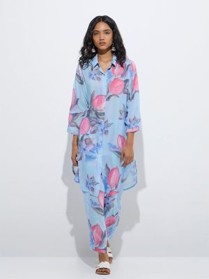 Utsa Blue Floral Printed A-Line Kurta