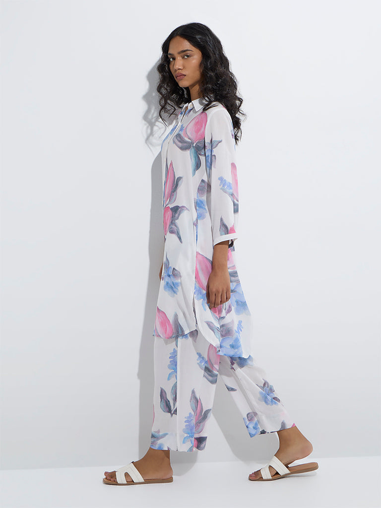 Utsa White Floral Design A-Line Kurta - Image 2