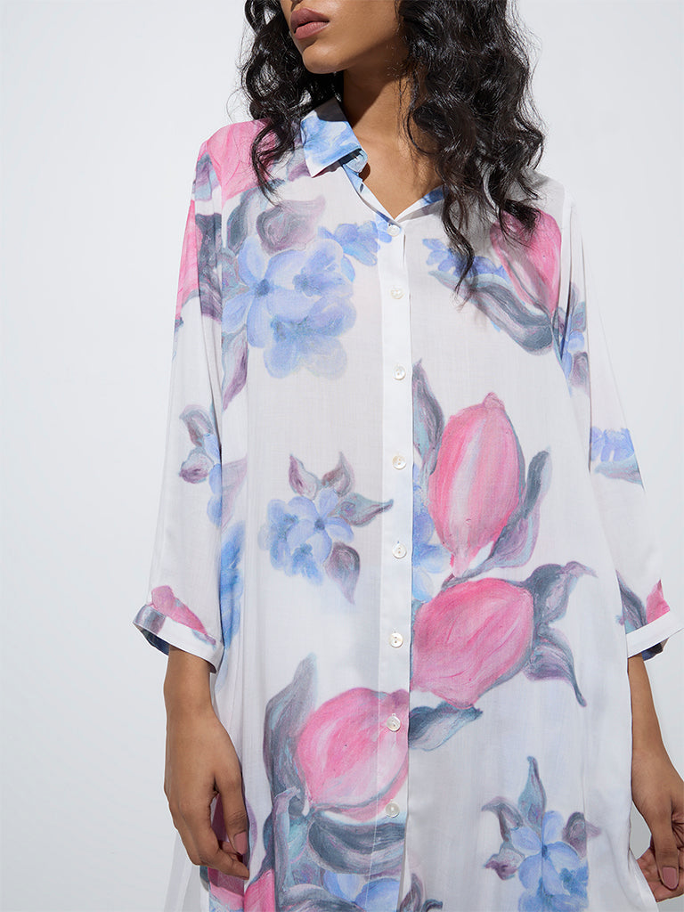 Utsa White Floral Design A-Line Kurta - Image 3