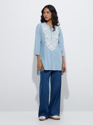 Utsa Blue Floral Embroidered Cotton Tunic