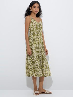 Utsa Green Printed A-Line Cotton Dress