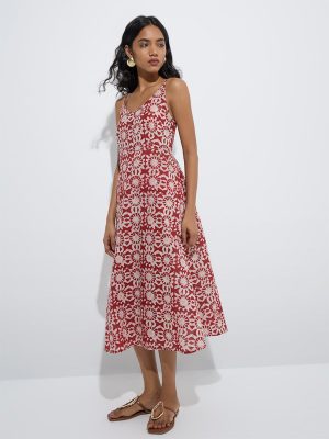 Utsa Red Printed Cotton A-Line Dress
