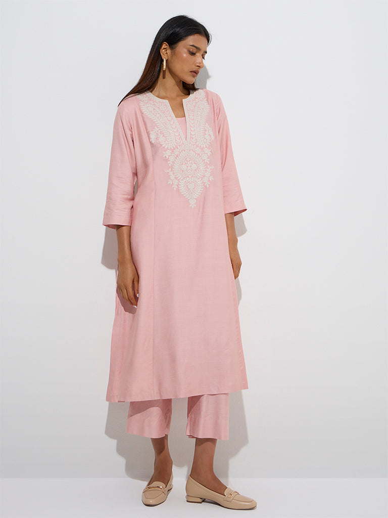 Zuba Peach Embroidered A-Line Kurta