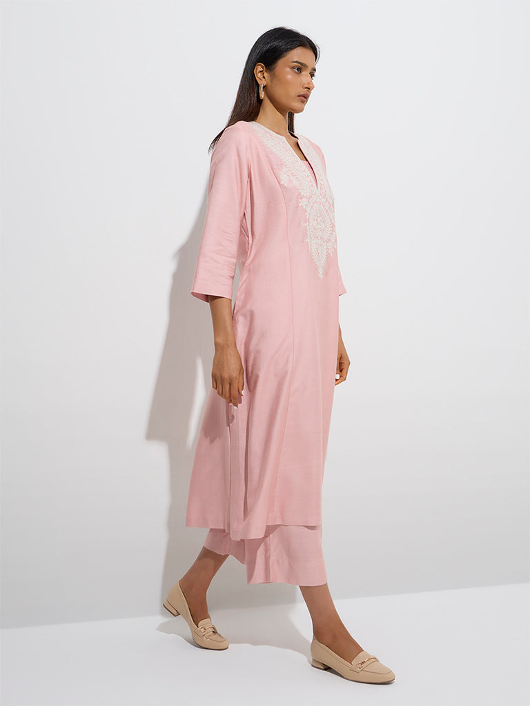 Zuba Peach Embroidered A-Line Kurta - Image 2