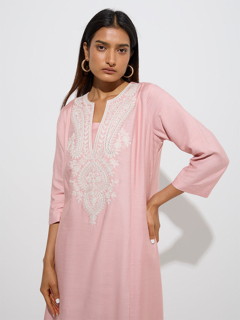 Zuba Peach Embroidered A-Line Kurta - Image 3