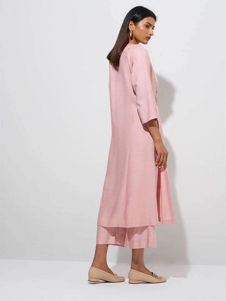 Zuba Peach Embroidered A-Line Kurta - Image 4