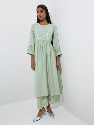 Zuba Sage Mirror Embroidered Cotton-Blend A-Line Kurta
