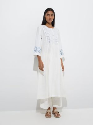 Zuba White Mirror Work A-Line Kurta