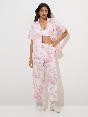 Wunderlove White Tropical Cotton Shirt with Pyjamas Set