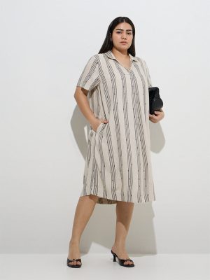 Gia Beige Stripe Printed A-Line Dress